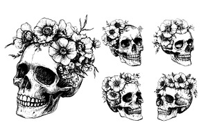 Skull with flowers engraving vector, an Object Illustration by Onyx