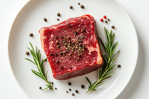Raw beef steak with rosemary and all, a Food & Drink Photo by Pixeness Studio