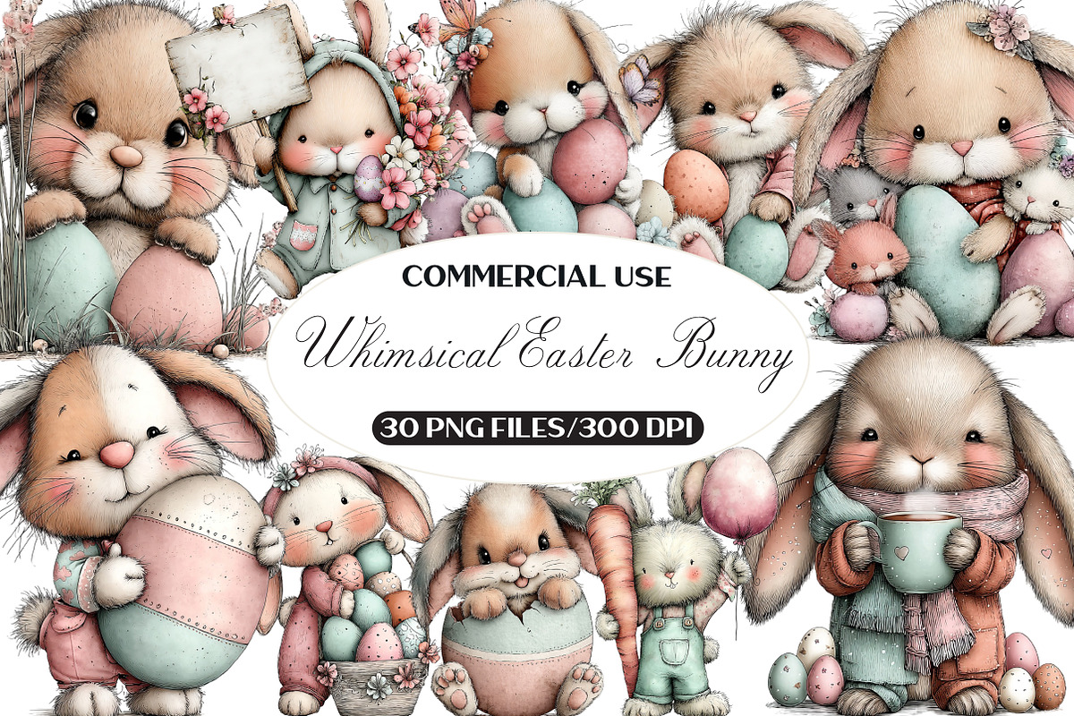 Whimsical Easter Bunny Clipart, an Illustration by Black Bird Studio (Photo 1 of 6)