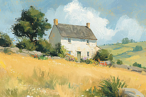 Quaint cottage nestled in a tranquil rural landscape, a winding, an Illustration by Studio ANNA