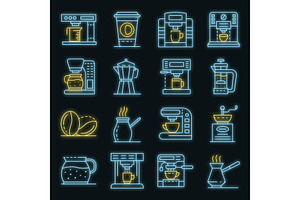 Coffee Maker Icons Set Vector Neon