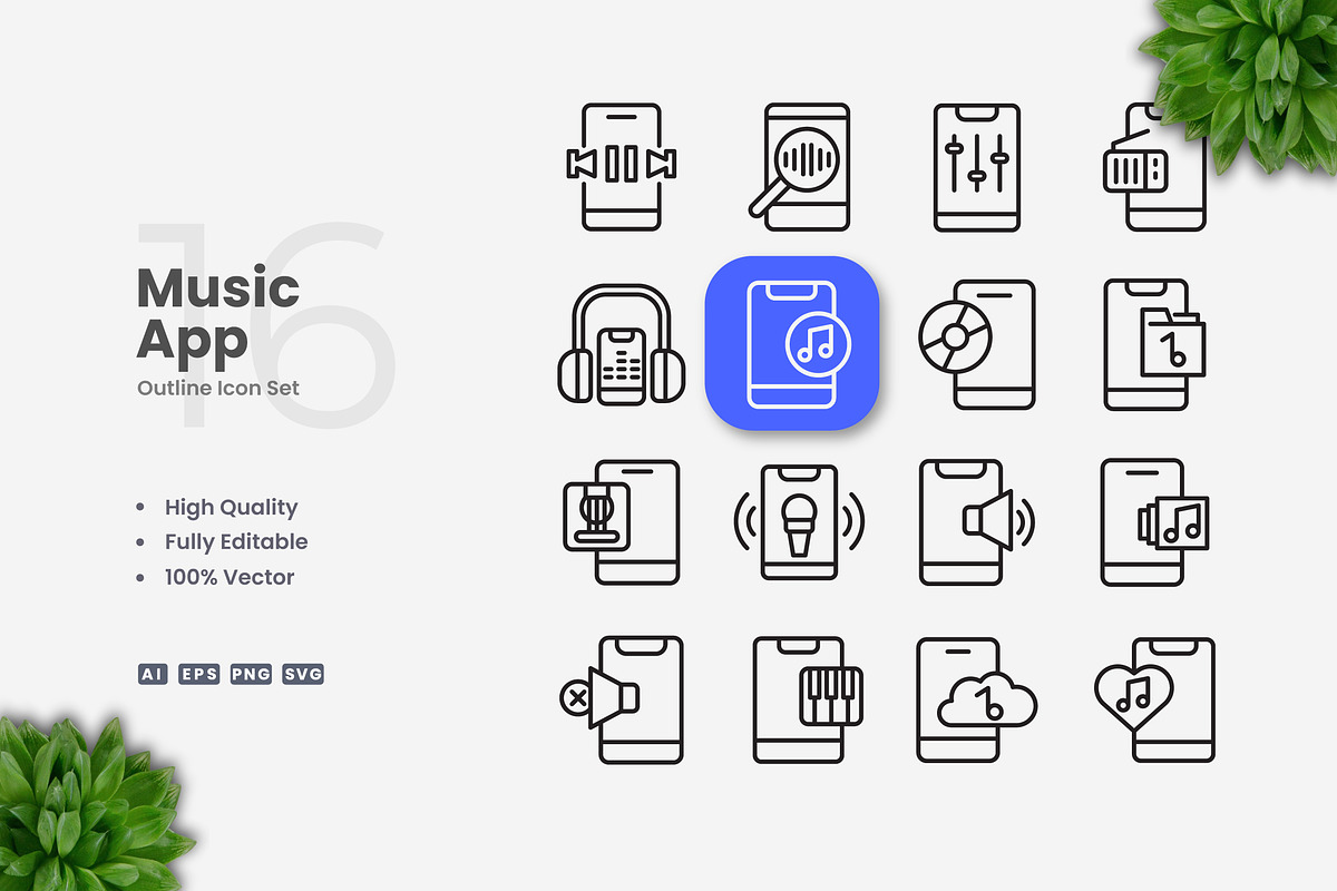 Music App Outline Icons, an Outline Icon by Upnowgraphic