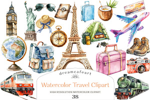 Watercolor Travel Clipart, an Illustration by DreamCafeArt