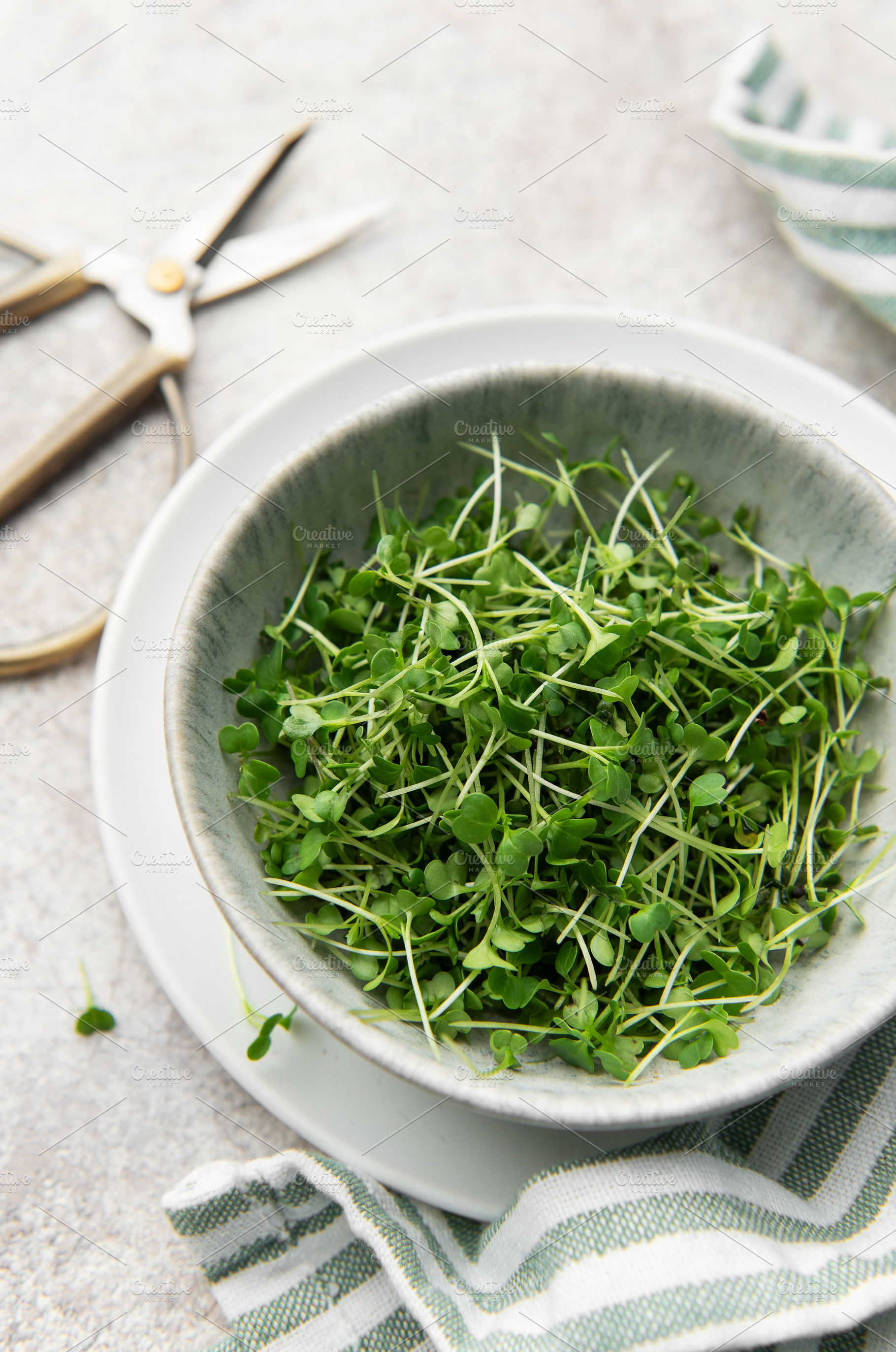 Fresh microgreens in bowl with scissors for healthy eating, a Food & Drink Photo by Olena Rudo