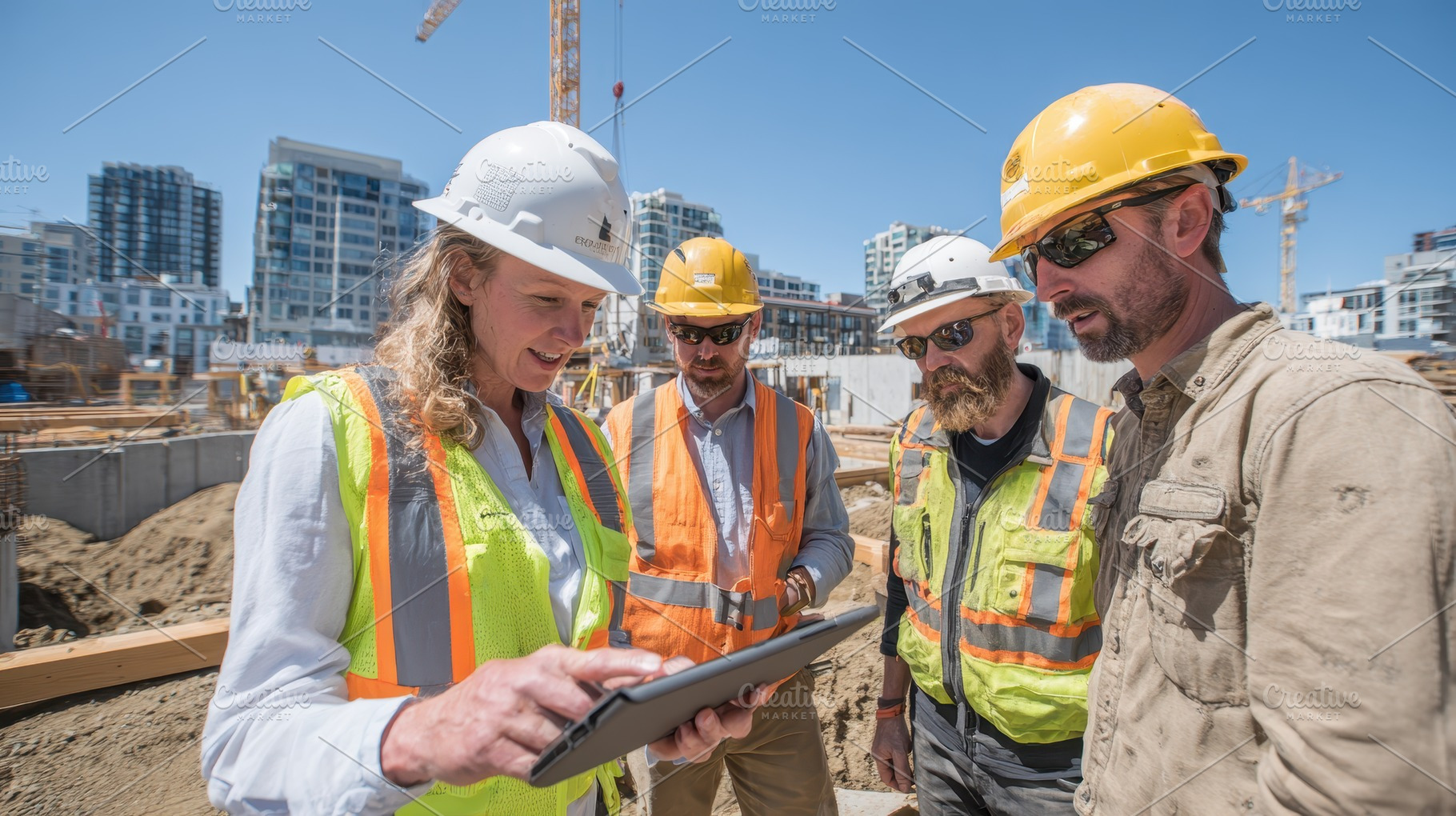 Construction Workers Reviewing Table, a Photo by Pixeness Studio
