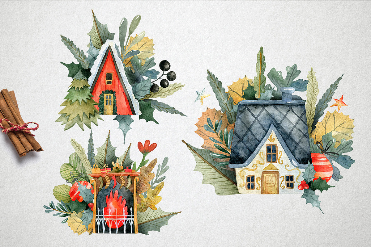 Watercolor Christmas Houses, an Illustration by annasokol_ (Photo 4 of 9)