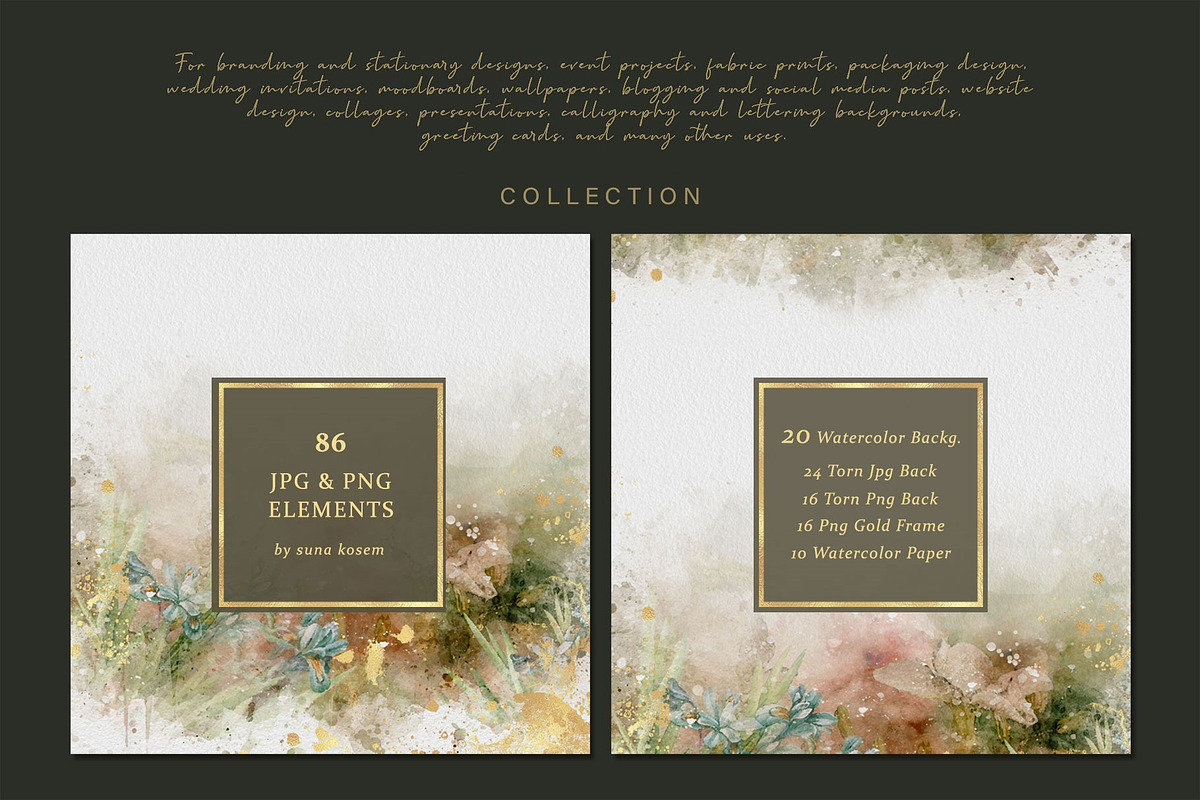 Gold & Flower Watercolor Backgrounds, a Pattern Graphic by Suna Kosem (Photo 6 of 19)