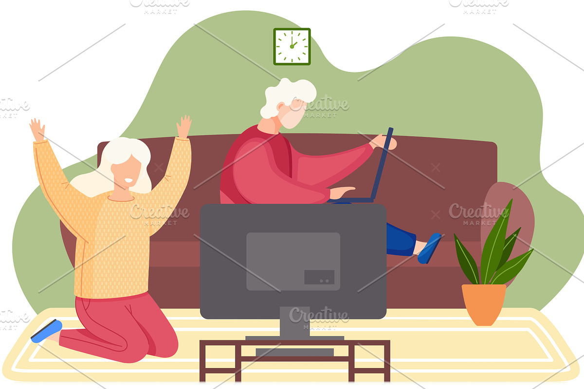 Friendly family playing video games, a Person Illustration by TopVector