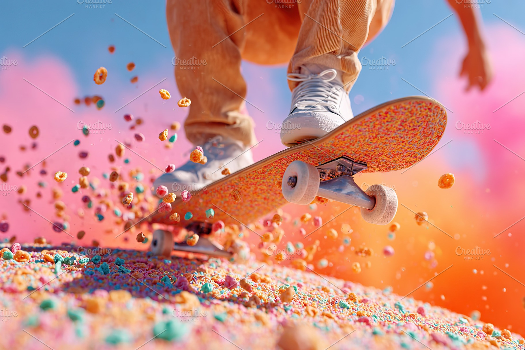 Skateboarder performs tricks on cereal in vibrant colorful landscape, a Photo by AlyaAnd