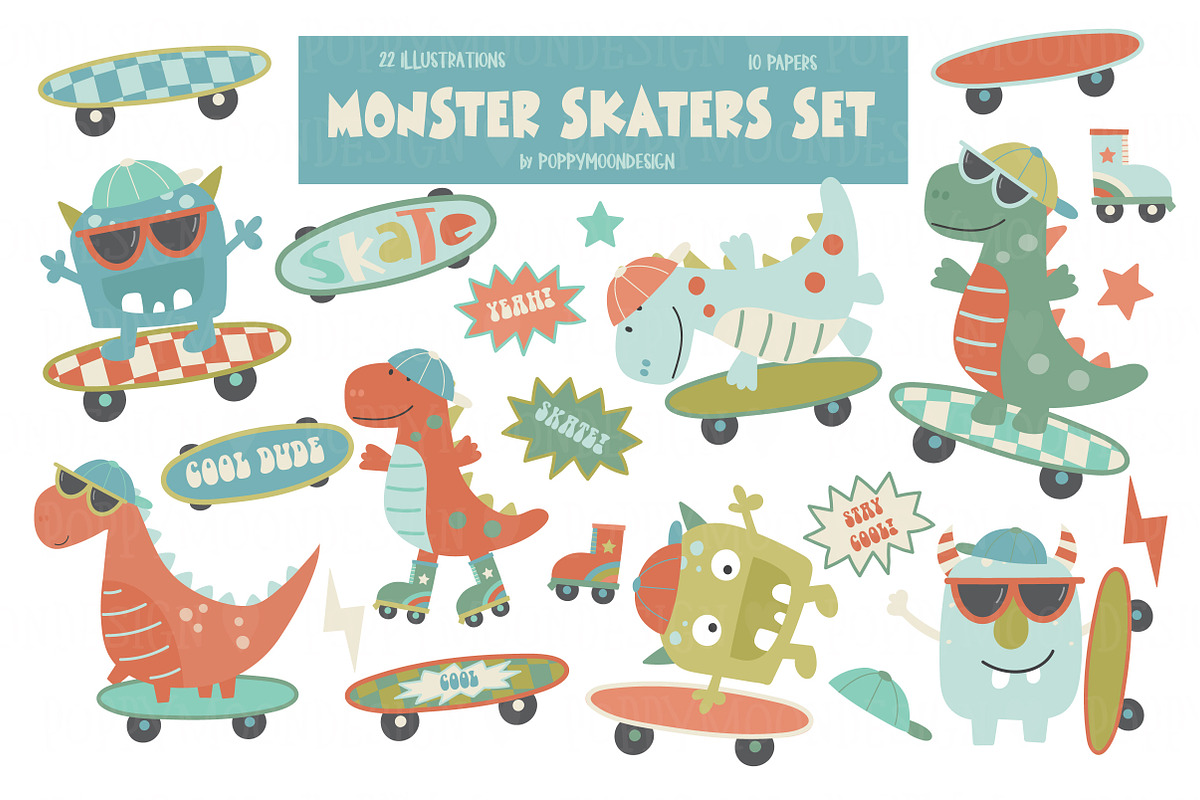Monster skaters clipart & patterns, an Illustration by Poppymoondesign (Photo 1 of 5)