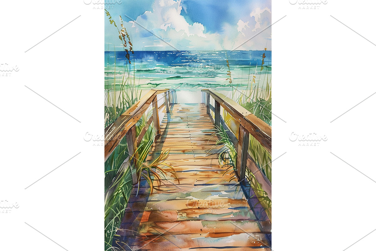 Sunlit Beach Boardwalk Watercolor, an Animal Illustration by Art Paradise Studios