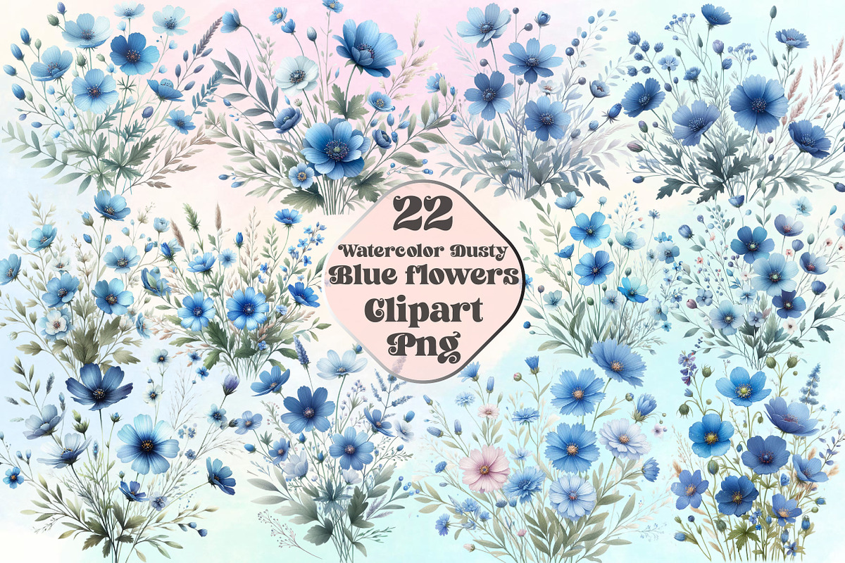 Watercolor Dusty Blue Flowers PNG, an Illustration by CraftArtStudio (Photo 1 of 3)