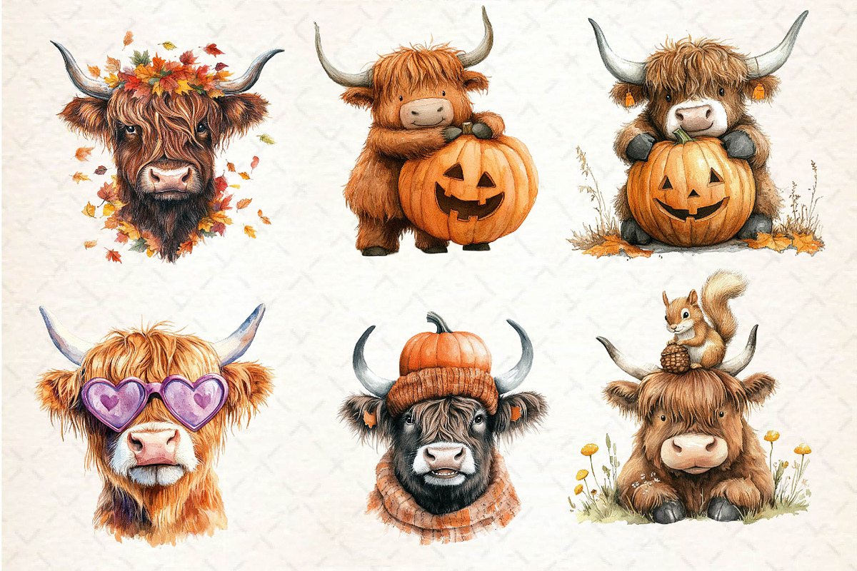 Autumn Funny Highland Cow Clipart, an Illustration by Dream Creation (Photo 4 of 6)
