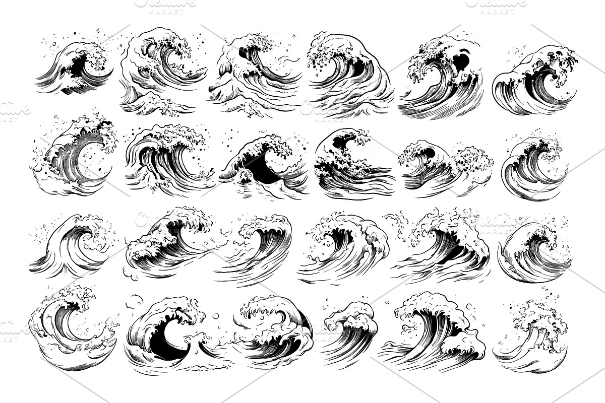 Ocean waves black ink sketch vector, an Animal Illustration by Onyx