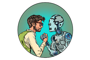 Pop Art Retro Robot and man fight, an Illustration by studiostoks