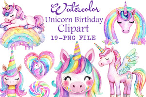 Watercolor Unicorn Birthday Clipart, an Illustration by Libby Wishes