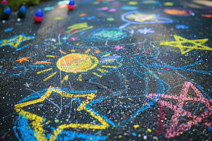 A Colorful Chalk Drawing On A Black Pavement, Featuring Celestial Themes Like S