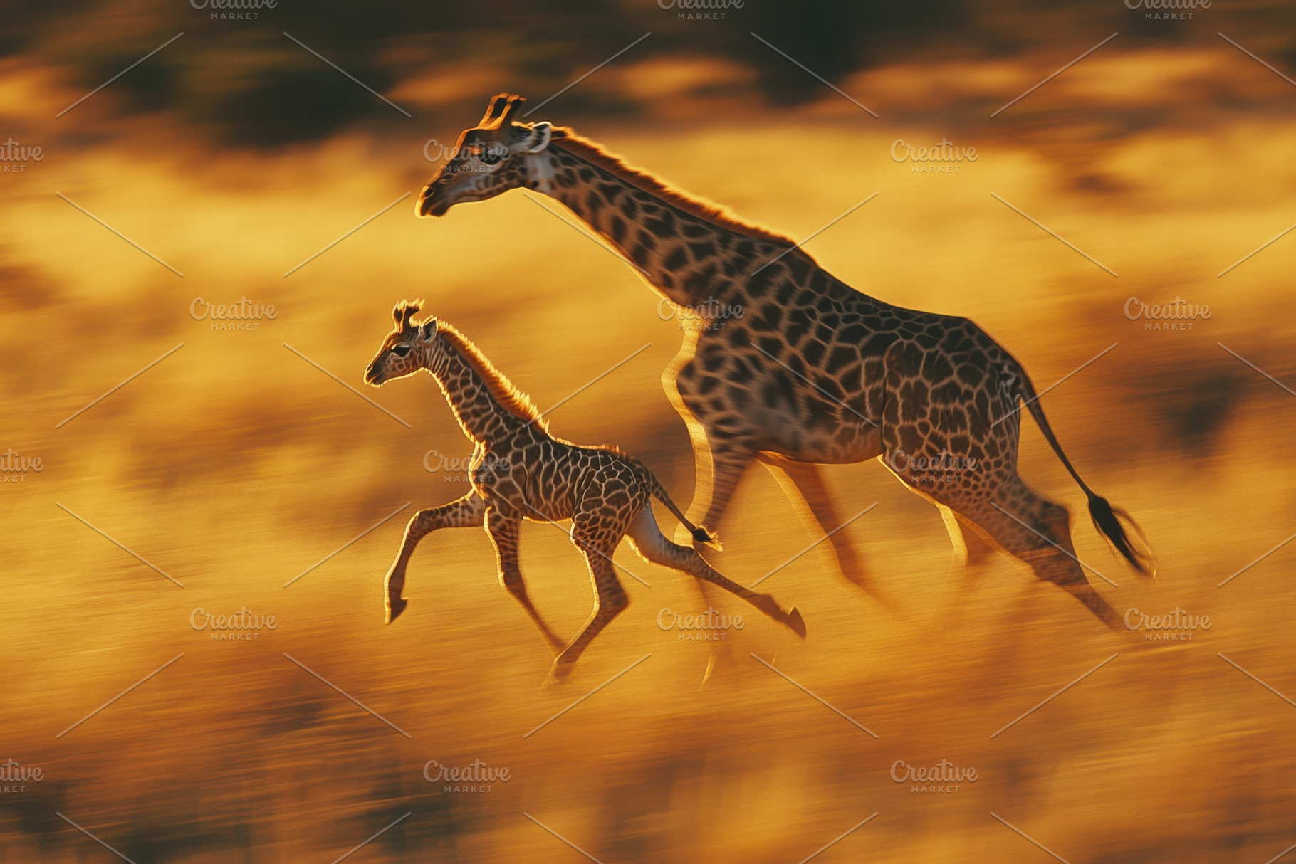 Giraffe and Calf Running Golden Suns, an Animal Photo by Pixeness Studio