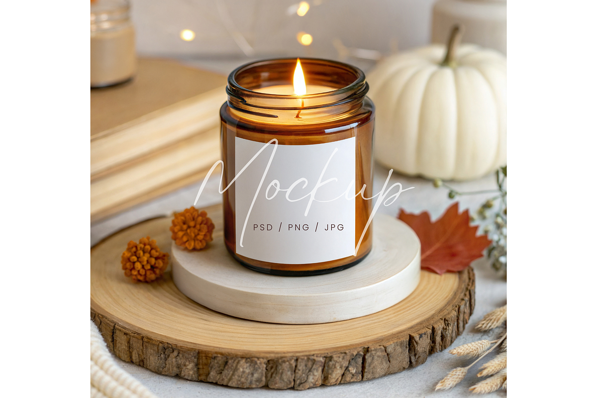 Cozy Amber Candle Label Mockup Fall, a Product Mockup by TatiMockup (Photo 1 of 3)