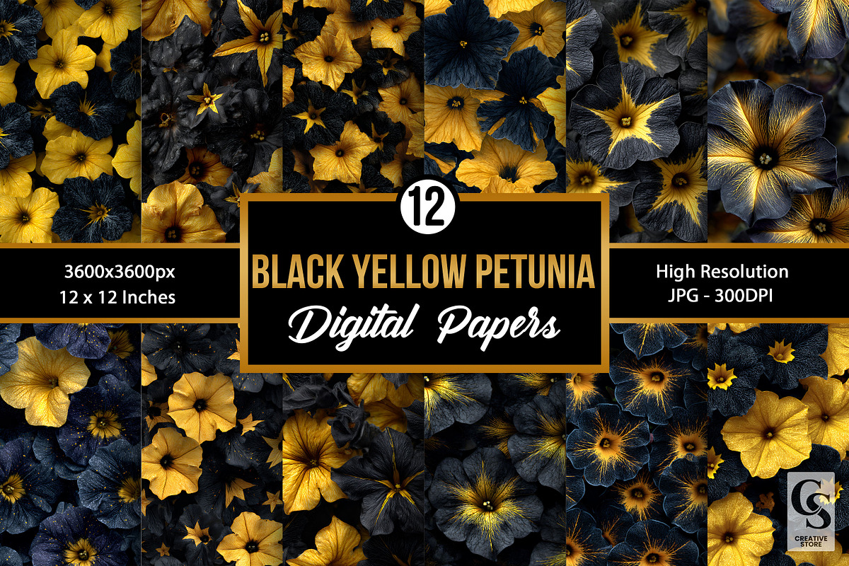 Black & Yellow Petunia Flower Papers, a Pattern Graphic by Creative Store (Photo 1 of 4)