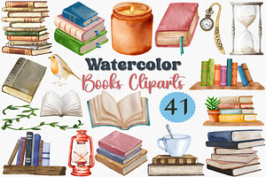 Watercolor Books Clipart Set, 41 PNG, an Illustration by CropUp Creative