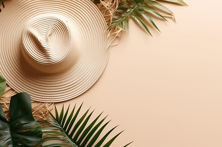 Summer hat with palm and monstera leaves. Summer time concept. Generative AI, a Beauty & Fashion Photo by AlyaAnd