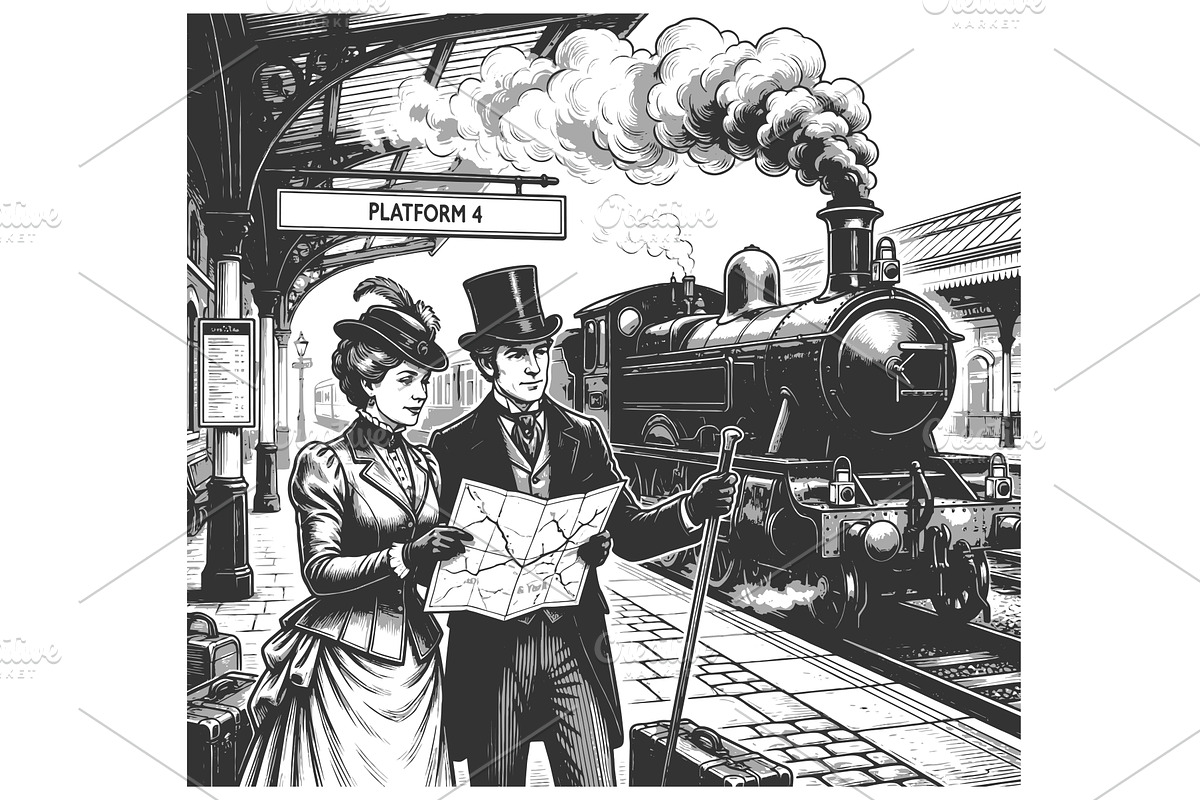 Victorian Travelers Boarding Steam, a Person Illustration by AlexArt