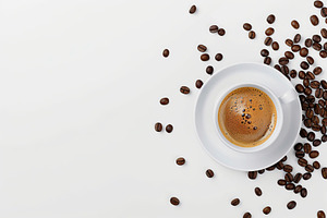 Flat lay of cup of coffee and coffee beans on white background, a Food & Drink Photo by AlyaAnd