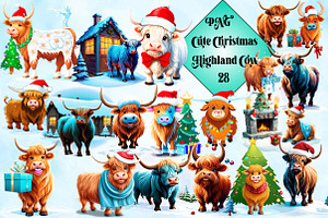 Cute Christmas Highland Cow Clipart, an Illustration by Wow Magic