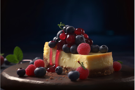 Cheesecake berries closeup. Generate, a Food & Drink Photo by Ylivdesign