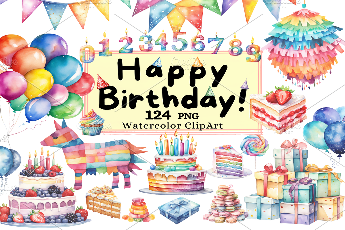 Happy Birthday Clipart Collection, a Decorative Illustration by Watercolor Digital (Photo 1 of 9)