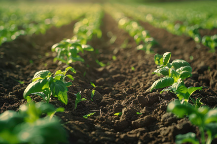 Close-up of young vegetable plants growing in rows in a field, with sunlight sh, a Nature Photo by Mashimara