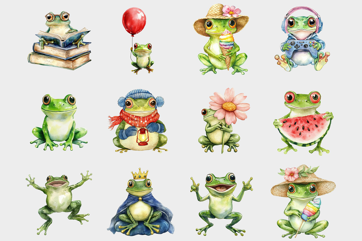 Watercolor Cute Frog Clipart, a Seasonal Illustration by Design Market (Photo 3 of 5)