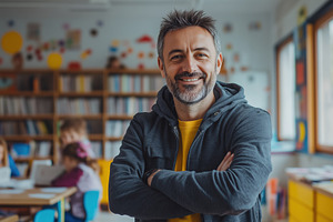 Teacher organizer. A smiling man with a beard stands confidently in a colorful, a Person Photo by Textures & Backgrounds