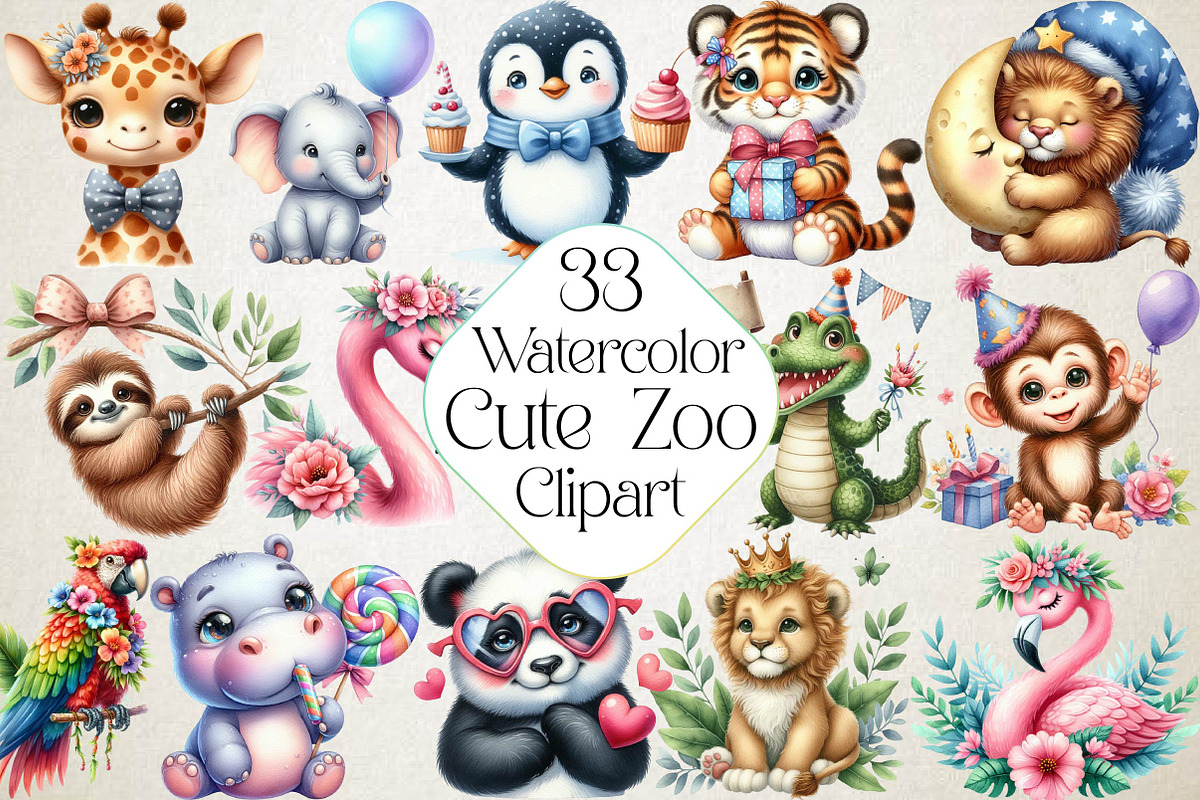 Watercolor Cute Zoo Clipart, an Illustration by DreamPrint404 (Photo 1 of 5)