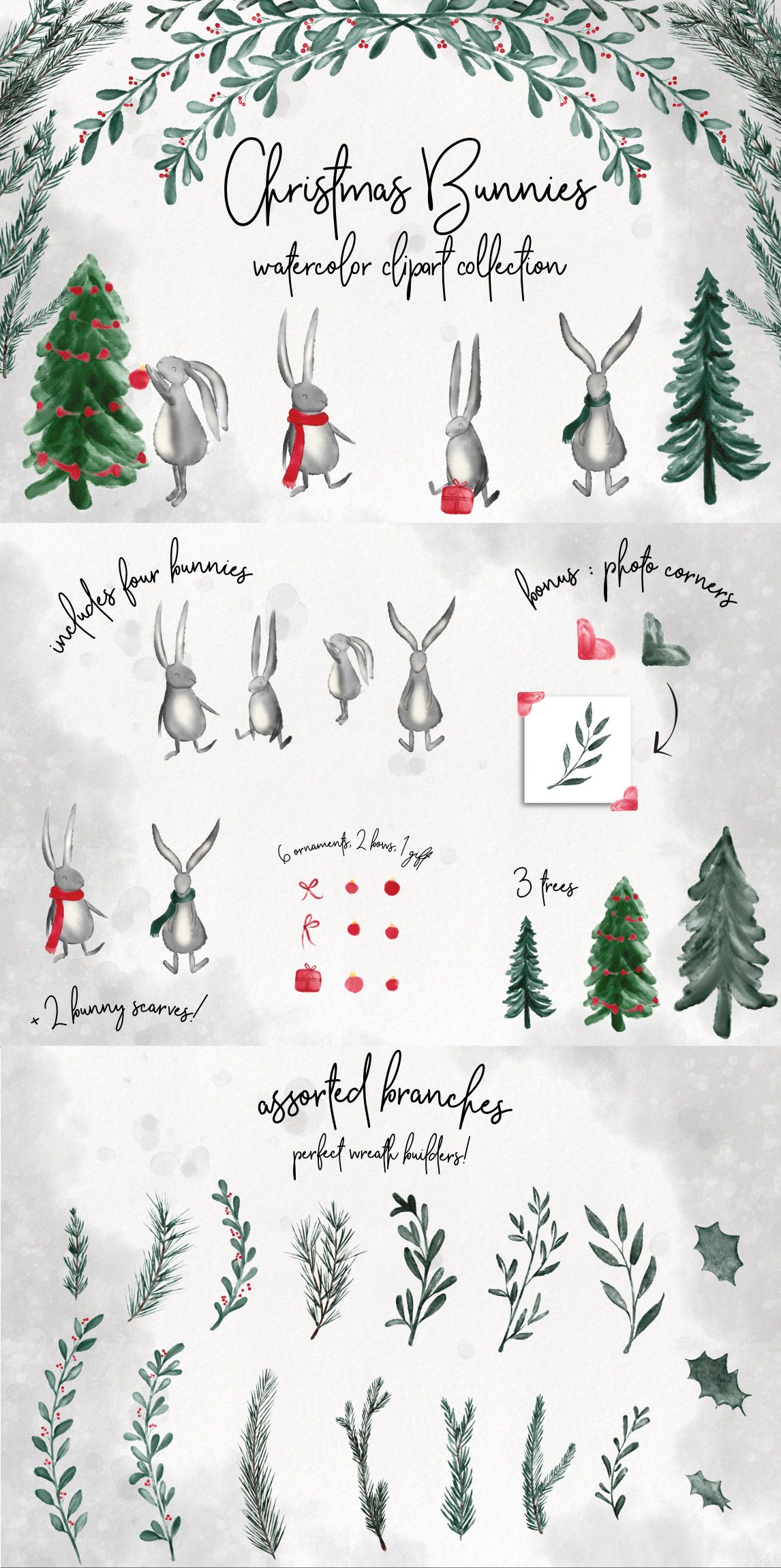 Christmas Bunnies Watercolor Clipart, an Illustration by Wooly Pronto