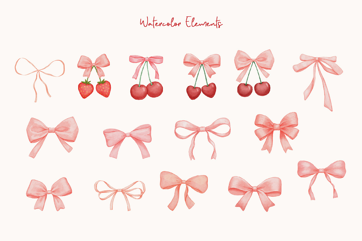Coquette pink bow and cherry clipart, a Decorative Illustration by ElenaPlatovaArt (Photo 2 of 7)