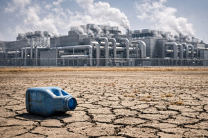 Industrial landscape depicting dry cracked earth in front of lar, a Photo by Dvoevnore photos