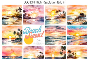 Watercolor Beach Sunsets Digital