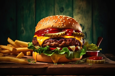 Illustration of tasty burger and french fries on wooden table, a Food & Drink Photo by AlyaAnd