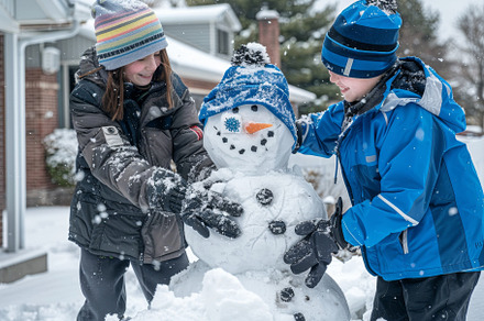 Two children joyfully building a sno, a Photo by Iftikhar Alam