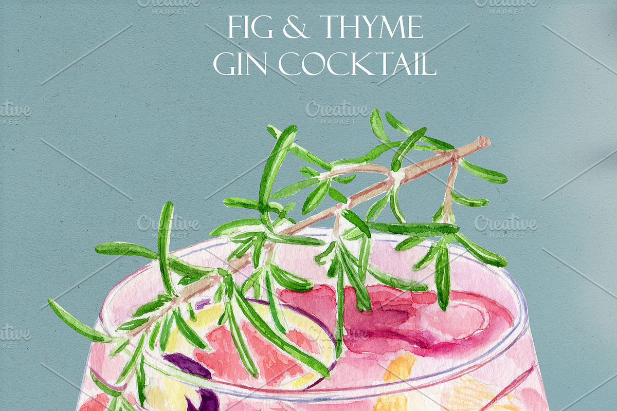 Fig & Thyme Gin Watercolor Cocktail, a Food Illustration by Olexandra Mur (Photo 2 of 3)