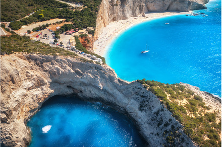 Aerial view of blue sea, mountains, a Nature Photo by den-belitsky