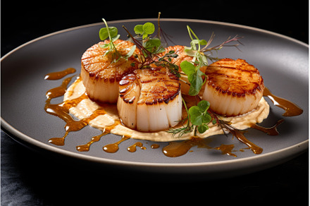 Scallop dish served. Generate Ai, a Food & Drink Photo by Ylivdesign