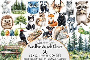 Watercolor Woodland Animals Clipart, a Seasonal Illustration by Design Market