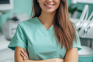 Female dentist with a confident smile in a modern dental clinic setting, a Health & Medical Photo by AlyaAnd