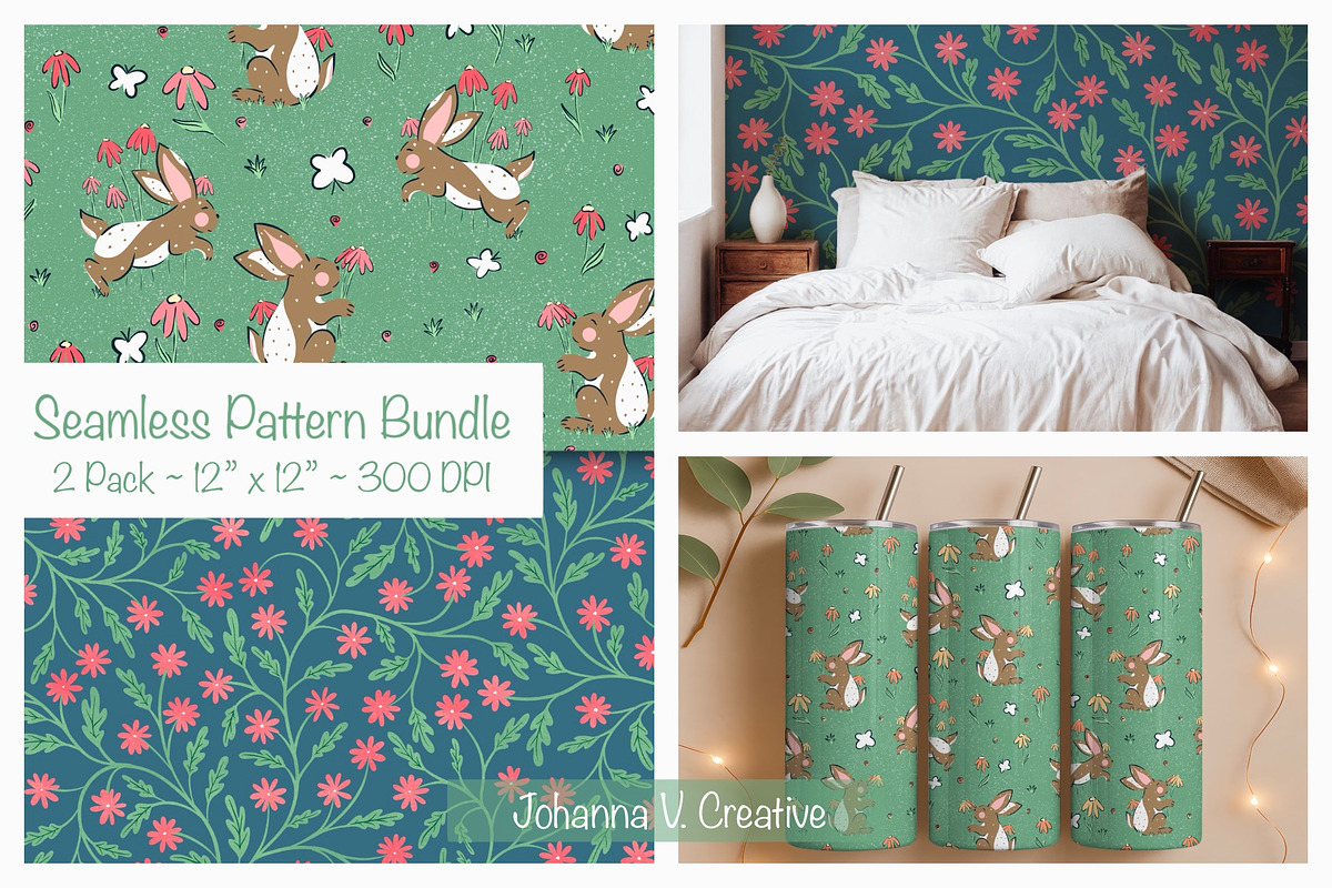 Spring Bunny & Bloom Pattern Set, an Illustration by Johanna V. Creative (Photo 1 of 3)