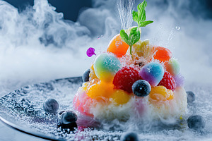 Enjoying a stunning gourmet dessert with molecular gastronomy at a modern cafe, a Food & Drink Photo by AlyaAnd