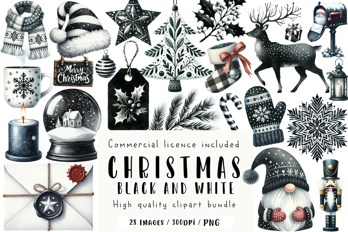 Black and White Christmas Clipart, an Illustration by CreationArt (Photo 1 of 5)