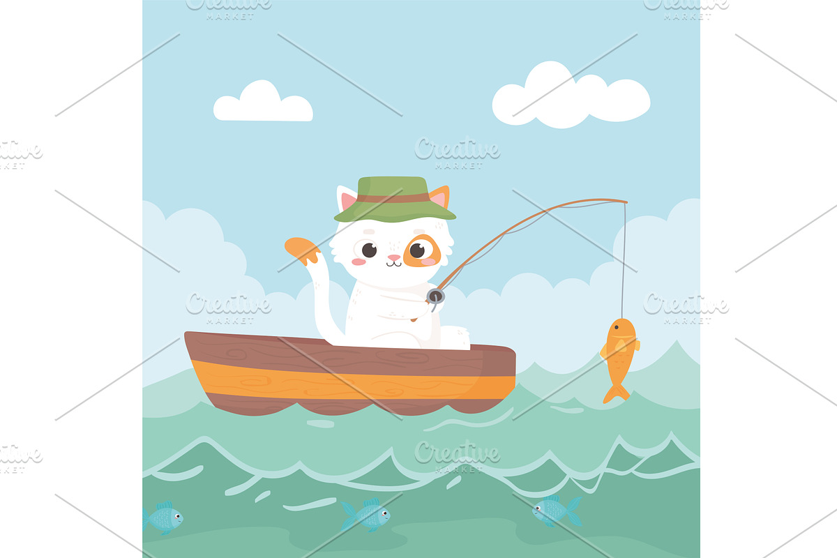 little cat fishing, an Animal Illustration by studiogstock